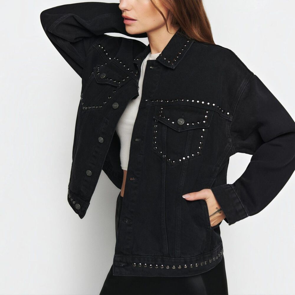 NWT Reformation Simone Oversized Denim Jacket Washed Black Studded Size Small